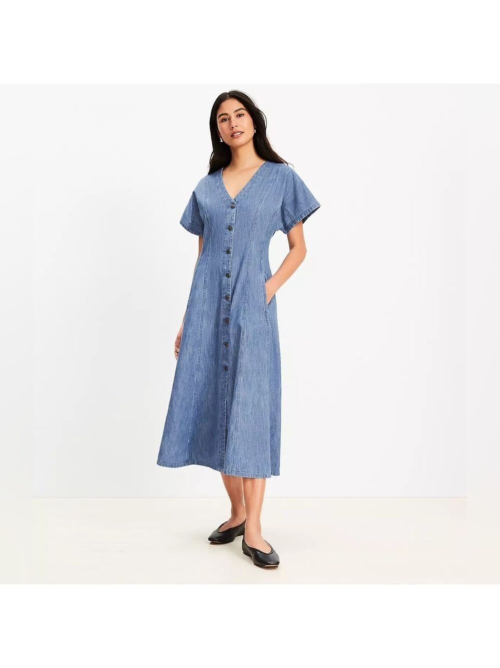 LOFT Chambray V-Neck Midi Pocket Dress